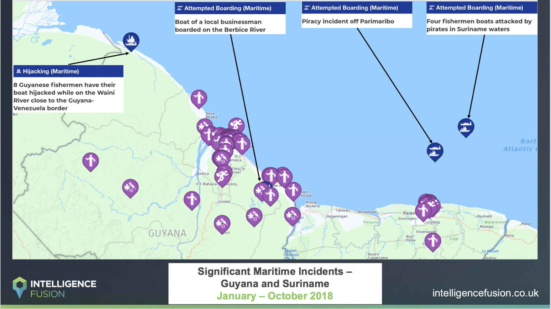 A map depicting the maritime related threats and cases of maritime criminality in Guyana and Suriname in 2018 so far